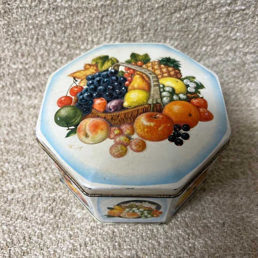 1950s Small Embossed Fruit and Floral Tin Can